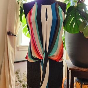 Express Womens Multi Color Striped Halter Tie Front Keyhole Blouse Top Size M